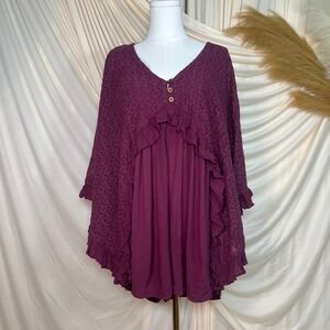 Free People‎ As You Are Romper Dry Rose V Neck Button Crochet Lace Ruffle XS